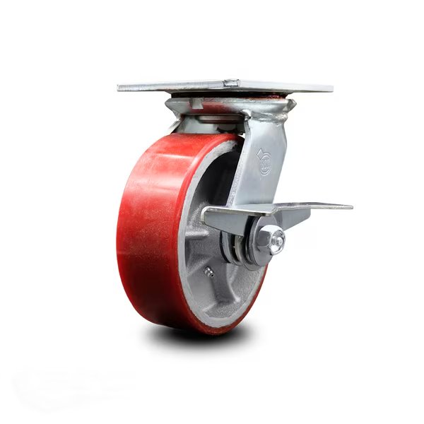 6 Inch Heavy Duty Red Poly on Cast Iron Caster with Roller Bearing and Brake, Service Caster, Mfr#: SCC-35S620-PUR-RS-SLB